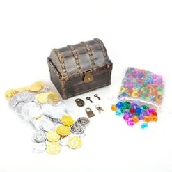 AiFanS Treasure Chest For Kids Prizes,Plastic Treasure Chest With 320 Treasure Gold Coins And Gems/Jewels- Perfect For Pirate Themed Parties And Games