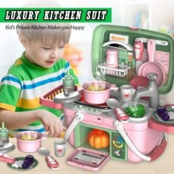 Jade Hare Kids Kitchen Playset Portable, Play Kitchen Set For Toddlers With Music & Light Kitchen Toys For Kids Ages 4-8 Toddler Sink Toy With Running Water Pretend Cooking Food -Folkmanis Toys Shop 5147qckt3iL