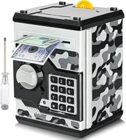 ATM Piggy Bank For Boys Girls, Vcertcpl Mini ATM Coin Bank Money Saving Box With Password, Kids Safe Money Jar For Adults With Auto Grab Bill Slot, Great Gift Toy Bank For Kids(Camouflage Gray) -Folkmanis Toys Shop 514lhmL0UiL. AC