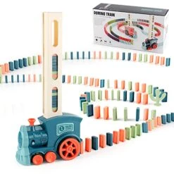 FIRE BULL Domino Train Toy Set 180 Pcs, Kids Electric Domino Train Set Building And Stacking Toy, Automatic Domino Train Set With Kids Boys And Girls Ages 3-12 （Blue/Batteries Not Included