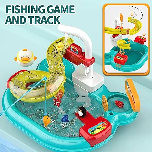 Play Sink With Running Water, 3in1 Toddler Water Toys Play Kitchen With Fishing Toys/Track/Fake Food/Tableware For Toddlers 1-3 Kitchen Toy Sink Toy Accessories-Blue 5 Play Sink With Running Water, 3in1 Toddler Water Toys Play Kitchen With Fishing Toys/Track/Fake Food/Tableware For Toddlers 1-3 Kitchen Toy Sink Toy Accessories-Blue - Image 3