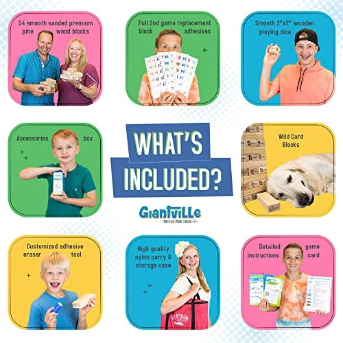 Giantville Giant Tumbling Timber Toy + Dice + Adhesives + Bag - Large Backyard Stacking Blocks Board/Floor Game - Big Wooden Yard Tumble Tower - Oversized Indoor/Outdoor Fun - Grows To Almost 4-feet 4 Giantville Giant Tumbling Timber Toy + Dice + Adhesives + Bag - Large Backyard Stacking Blocks Board/Floor Game - Big Wooden Yard Tumble Tower - Oversized Indoor/Outdoor Fun - Grows To Almost 4-feet - Image 2