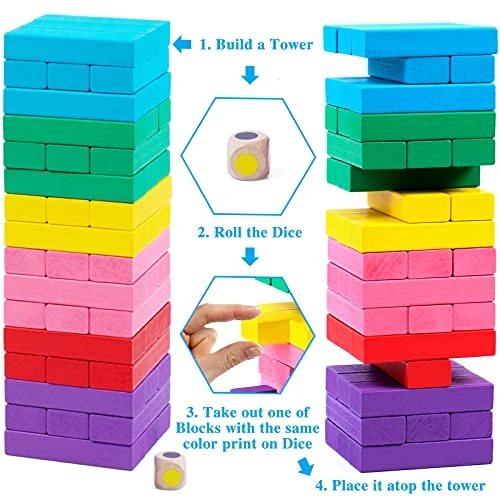 Stacking Board Game,Colored Wooden Stacking Game,48PCS Tumble Tower With Dice,Colorful Stacking Block Party Game,Educational Stacking Building Blocks For Kids,Stacking Gifts Set For Boys Girls Adults 5 Stacking Board Game,Colored Wooden Stacking Game,48PCS Tumble Tower With Dice,Colorful Stacking Block Party Game,Educational Stacking Building Blocks For Kids,Stacking Gifts Set For Boys Girls Adults - Image 3