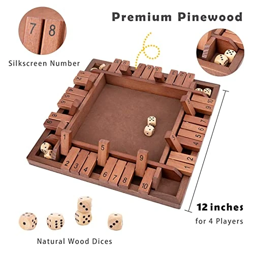 Shut The Box Game Wooden 4 Player, Classic Board Game For Kids & Adults, Educational Math Learning Toy, Table Dice Game For The Party Family Or Bar - 12 Inch With 8 Dice 4 Shut The Box Game Wooden 4 Player, Classic Board Game For Kids & Adults, Educational Math Learning Toy, Table Dice Game For The Party Family Or Bar - 12 Inch With 8 Dice - Image 2