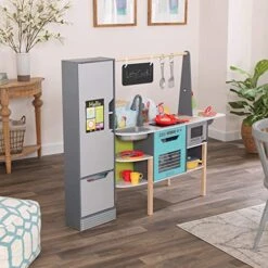 KidKraft Alexa-Enabled 2-in-1 Wooden Kitchen & Market With Lights And Sounds, Interactive Foods And Games Plus 105 Accessories -Folkmanis Toys Shop 5179XqspEcL