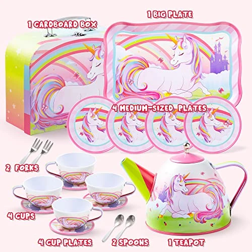 JOYIN 35Pcs Unicorn Tea Party Set For Little Girls, Pretend Tin Teapot Set, Princess Tea Time Play Kitchen Toy With Dessert, Doughnut, Carrying Case For Birthday Easter Gifts Kids Toddlers Age 3 4 5 6 4 JOYIN 35Pcs Unicorn Tea Party Set For Little Girls, Pretend Tin Teapot Set, Princess Tea Time Play Kitchen Toy With Dessert, Doughnut, Carrying Case For Birthday Easter Gifts Kids Toddlers Age 3 4 5 6 - Image 2