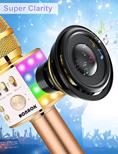 BONAOK Karaoke Microphone For Kids Adults Wireless Mic With Bluetooth Speaker Rechargeable Portable Handheld Echo Microphones With Disco Light For Party Home Outdoor Speaking Singing,Q37L (Gold) 3 BONAOK Karaoke Microphone For Kids Adults Wireless Mic With Bluetooth Speaker Rechargeable Portable Handheld Echo Microphones With Disco Light For Party Home Outdoor Speaking Singing,Q37L (Gold)