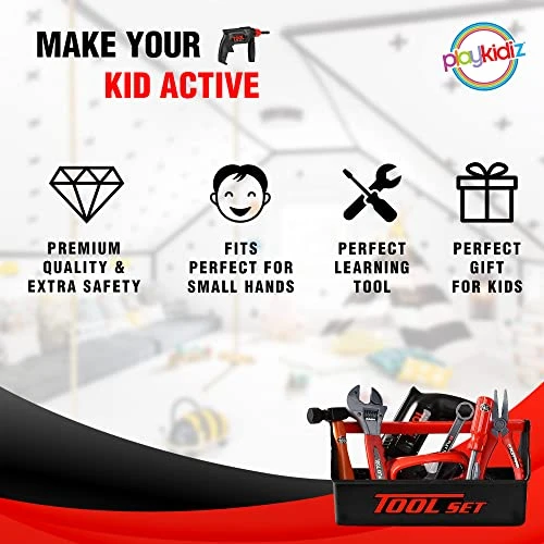 Playkidz Tool Box For Kids 22-Piece Boys & Girls Construction Toy Playset W/Carry Chest, Working Push Button Power Drill, Hammer, Screwdriver, Wrench, Pliers, Saw & Other Realistic Tools Ages 3+ 5 Playkidz Tool Box For Kids 22-Piece Boys & Girls Construction Toy Playset W/Carry Chest, Working Push Button Power Drill, Hammer, Screwdriver, Wrench, Pliers, Saw & Other Realistic Tools Ages 3+ - Image 3
