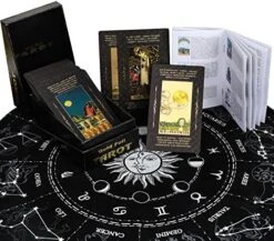 Tarot Cards With Guidebook & Divination Tablecloth,78Pcs Waterproof PVC Classic Gold Foil Tarot Deck Fortune Telling Divination Tools,Tarot Decks For Beginners And Expert Readers Use(Black Gold) -Folkmanis Toys Shop 519WnDB TmL. AC