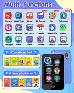 Kids Phone Toys For 3 4 5 6 Year Old Boys Touchscreen Kids Smart Phone With Dual Cameras Music Games Flashlight Alarm Pedometer Stories Sight Words Learning Toys For 3-6 Year Old Boys With 8G SD Card