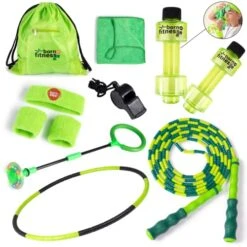 Born Toys Complete Kids Exercise Equipment Set For Ages 5 & Up, Kids Workout Equipment Includes Kids Jump Rope, Dumbbell Water Bottles, Hula Hoops For Kids, Sweat Bands, Kids Gym Bag, Skip It For Kids