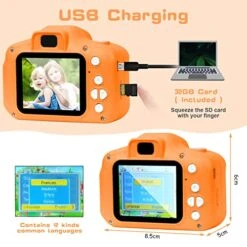 Ainiv Kids Camera, Kids Selfie Camera For Boys And Girls, Digital Camera With Photo Stickers And Puzzle Games, Boys And Girls Gifts, With 32GB SD Card, 2.0 Inch IPS Screen 1080P Video Camcorder-Orange -Folkmanis Toys Shop 51B0fYU2O2L