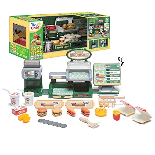 Pretend Play Burger Shop With Menu Toy Set, Kids Kitchen Playset Play Food Retro Diner Stand For Kids - Toddler Kitchen Playset Accessories Toy With Juice Drink Machines, Hamburger Fastfood- 25 PCS 4 Pretend Play Burger Shop With Menu Toy Set, Kids Kitchen Playset Play Food Retro Diner Stand For Kids - Toddler Kitchen Playset Accessories Toy With Juice Drink Machines, Hamburger Fastfood- 25 PCS - Image 2