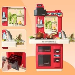 DeAO Play Kitchen Playset Pretend Food - 33 PCS Red Kitchen Toys For Kids, Real Spary Sounds And Lights,Role Playing Game Pretend Food And Cooking Playset For 3 4 Aged Boys Girls -Folkmanis Toys Shop 51BEqEkQ25L