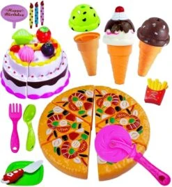 Play Food Set With Cutting Pizza Toy, Birthday Cake Toy, Ice Cream Toy Play Set, Fries - Toy Desserts, Pretend Play Food Kit Play Kitchen Accessories (36 Pieces)