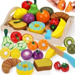 Wooden Pretend Play Food Sets Cutting Toys For Kids Kitchen Accessories Playset Montessori Toys With Toy Knife Velcro Fruit Board Learning Educational Fine Motor Skills Toddler Toys Birthday Gift