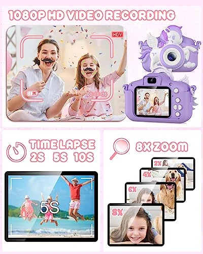 GREENKINDER Kids Camera, Toddler Digital Camera For Ages 3-12 Girls Boys Childrens, Christmas Birthday Gifts, Selfie 1080P HD Video Camera For 3 4 5 6 7 8 9 Years Old Little Girls Boys Toys Purple 5 GREENKINDER Kids Camera, Toddler Digital Camera For Ages 3-12 Girls Boys Childrens, Christmas Birthday Gifts, Selfie 1080P HD Video Camera For 3 4 5 6 7 8 9 Years Old Little Girls Boys Toys Purple - Image 3