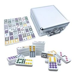 PUREPLAY Mexican Train Dominoes Set - Double 12 Colored Dot Dominoes - Includes 91 Tiles With 9 Trains, Plastic Pieces And Aluminum Case For 2-8 Players Ages 8+ -Folkmanis Toys Shop 51D9Aw5IJOL