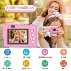 2023 New Upgrade Building Block Kids Camera With Unicorn Pop Purse Gift, 2.4-inch 1080P HD Camera For Kids Toddler, Toys For 3 4 5 6 7 8 9 Year Old Girls With 32GB SD Card - Pink