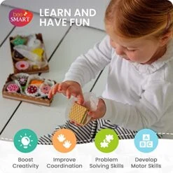 Bee Smart Tea Party Wooden Cakes & Biscuits | Kids Playset Pretend Play Food With Menu Cards & Sturdy Cardboard Trays | Childrens Role Play & Imaginary Play Kitchen Set | Birthday Gifts For Toddlers