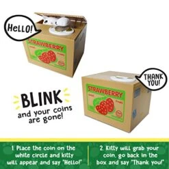 Coin Stealing Cat Piggy Bank For Kids - Cute Kitty Comes Out Of The Strawberry Money Bank - Cat Gifts For Cat Lovers