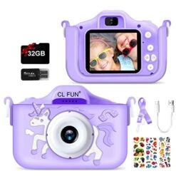 CL FUN Kids Camera, Unicorn Camera For Kids Girls/Boys Age 3-12, Toddler Digital Video Camera With Silicone Cover,Portable Toy Camera With 32GB SD Card,Christmas Birthday Gifts For Kids-Unicorn Purple