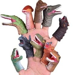 FUN LITTLE TOYS 10 PCS Dinosaur Finger Puppets For Kids Rubber, Soft Realistic Pinata Stuffers Set, Bath Dinosaur Head Finger Toys, Animal Hand Puppet Bulk Birthday Party Supplies Favors Decorations