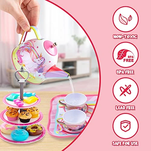 JOYIN 35Pcs Unicorn Tea Party Set For Little Girls, Pretend Tin Teapot Set, Princess Tea Time Play Kitchen Toy With Dessert, Doughnut, Carrying Case For Birthday Easter Gifts Kids Toddlers Age 3 4 5 6 7 JOYIN 35Pcs Unicorn Tea Party Set For Little Girls, Pretend Tin Teapot Set, Princess Tea Time Play Kitchen Toy With Dessert, Doughnut, Carrying Case For Birthday Easter Gifts Kids Toddlers Age 3 4 5 6 - Image 5