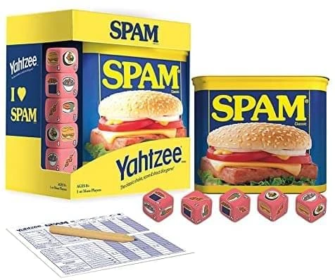 GENERIC Yahtzee Spam Brand | Collectible Game As Iconic Spam Can With Custom Dice | Dice Featuring Fried Spam, Spam Musubi, Spam Fries | Travel Game & Dice Game 4 GENERIC Yahtzee Spam Brand | Collectible Game As Iconic Spam Can With Custom Dice | Dice Featuring Fried Spam, Spam Musubi, Spam Fries | Travel Game & Dice Game - Image 2