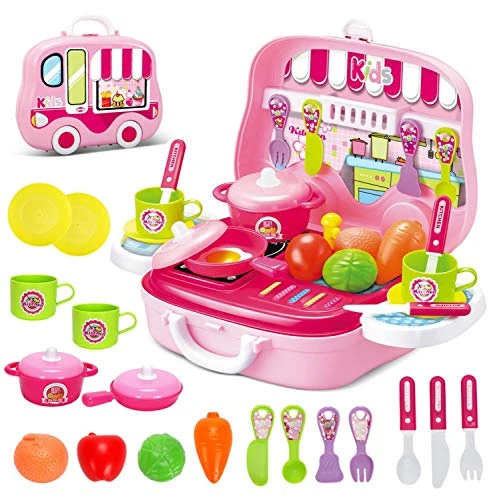 Toy Chef 26-PC On The Go Childrens Kitchen Playset W/ Pretend Food & Mini Stove - Kids Cooking Toys Station - Camping, Restaurant & Playhouse Accessories, Pink 3 Toy Chef 26-PC On The Go Childrens Kitchen Playset W/ Pretend Food & Mini Stove - Kids Cooking Toys Station - Camping, Restaurant & Playhouse Accessories, Pink