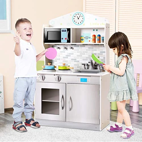 HONEY JOY Kids Kitchen Playset, Pretend Play Kitchen For Toddlers, Removable Sink, Microwave, Cookware, Large Storage Cabinet, Wooden Little Chef Toy Kitchen Set, Gift For Boys Girls 3+ (Gray) 4 HONEY JOY Kids Kitchen Playset, Pretend Play Kitchen For Toddlers, Removable Sink, Microwave, Cookware, Large Storage Cabinet, Wooden Little Chef Toy Kitchen Set, Gift For Boys Girls 3+ (Gray) - Image 2