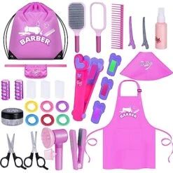 Gifts2U Hair Salon Toys For Girls, 26 Pcs Realistic Girl Beauty Salon Playset Hair Styling Set With Blow Dryer, Barber Costume Apron, Scissors And Stylist Accessories.