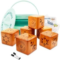 SunNordic Wooden Dice Game, 3.5" Giant Yard Dice Set Includes Farkle & Yardzee Scoreboard,1 X Collapsible Bucket, Wood Lawn Game Set For Outdoor Backyard, Party, Beach With Kid Adult -Folkmanis Toys Shop 51HD0MD 9wL. AC