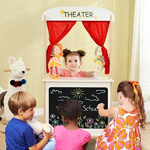 Labebe - Wood Puppet Theater, Flannel Curtain Puppet Stage Theater, 2-Sided Tabletop Puppet Stage Chalkboard, 2-in-1 Puppet Theater Reversible Play Store, Multi-Function Theater For Ages 3 And Up 3 Labebe - Wood Puppet Theater, Flannel Curtain Puppet Stage Theater, 2-Sided Tabletop Puppet Stage Chalkboard, 2-in-1 Puppet Theater Reversible Play Store, Multi-Function Theater For Ages 3 And Up - Image 2