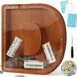 Piggy Bank For Kids Boys Girls,Wooden Letter Piggy Bank With 26 Enlish Alphabet,50 Animal Stickers,1 Number Sticker, A Small Screwdriver,Saving Box DIY Money Saving Bank(A) -Folkmanis Toys Shop 51HrFOLV0QL. AC