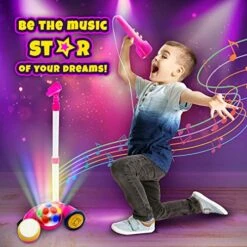 Kids Microphone With Stand, Sing Along Kids Karaoke Machine, Musical Singing Toy, Microphone For Kids With Flashing Stage Lights And Pedals For Fun Sound Effects By First Note USA, Pink