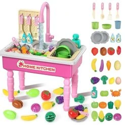 DeAO Kitchen Toy Sink Toys With Cutting Food,Electric Dishwasher Playing Toy With Running Water, Role Playing Game Pretend Food,44 PCS Kitchen Accessories Set For 3 4 5 Years Old Girls Boys