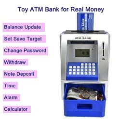 Toy Talking ATM Bank ATM Machine Savings Bank For Kids –Works Like A Real One- Deposit, Withdraw, Debit Card, Saving Target, Timer And Clock - Blue -Folkmanis Toys Shop 51KMK8gnHeL