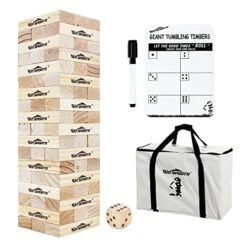 WIn SPORTS Giant Tumbling Timbers - Yard Games Large Wooden Tumble Tower Wood Blocks Stacking Yard Game, With 1 Dice Set &Stacks To Over 5 FT,Made From Premium Pine (7.5"x2.5"x1.5", 54 PCS)