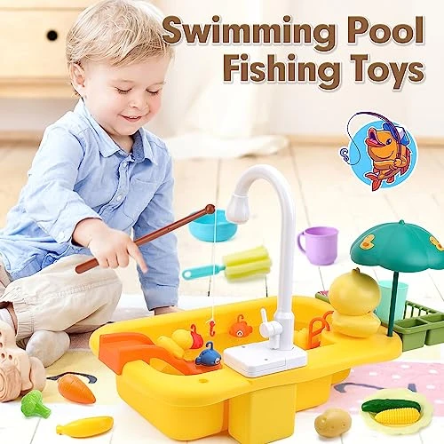 SINOMARS Play Sink With Running Water, Toddler Sink Toy With Automatic Water Cycle System,Fishing Game,Dish Rack And Play Food, Pretend Play Kitchen Sink Toy Dishwasher For Boys Girls Toddlers 1-3 6 SINOMARS Play Sink With Running Water, Toddler Sink Toy With Automatic Water Cycle System,Fishing Game,Dish Rack And Play Food, Pretend Play Kitchen Sink Toy Dishwasher For Boys Girls Toddlers 1-3 - Image 4