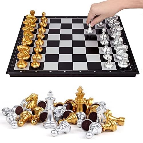 Magnetic Travel Chess Set With Folding Chess Board Educational Toys (25cm=10“, Gold & Silver) 3 Magnetic Travel Chess Set With Folding Chess Board Educational Toys (25cm=10“, Gold & Silver)