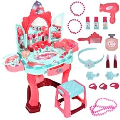 BAYMI Pretend Vanity Play Set With Mirror And Stool - Kids Play Vanity For Girls, Kids Makeup Vanity Table Set With Lights And Sounds, Gift For Age 3-9 Years Old