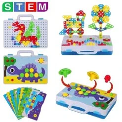 Kids Tool Set, STEM Engineering Toys With Electric Drill Puzzle And Button Art Kit, DIY Construction And Creative Pegboard Games For Preschool Boys & Girls Of 4-8 Year Old, 224 Pcs
