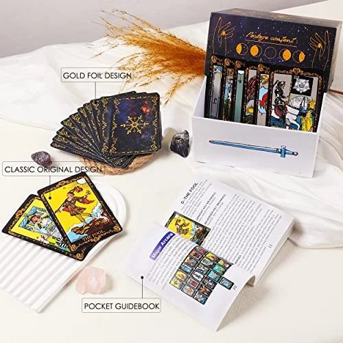Tarot Cards With Guide Book, 78 Black Original Tarot Cards Deck Gift Set With Chakra Stones, Tarot Cloth & More, Tarot Deck Fortune Telling Game Craft Cardboard For Beginners And Expert Readers 7 Tarot Cards With Guide Book, 78 Black Original Tarot Cards Deck Gift Set With Chakra Stones, Tarot Cloth & More, Tarot Deck Fortune Telling Game Craft Cardboard For Beginners And Expert Readers - Image 5