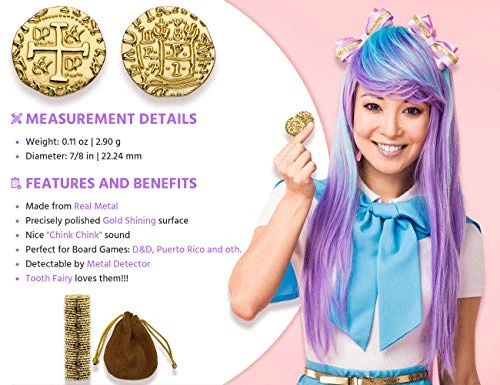 Metal Pirate Coins - 35 Gold Treasure Coin Set, Metal Replica Spanish Doubloons For Board Games, Tokens, Toys, Cosplay - Realistic Money Imitation, Pirate Treasure Chest - Medium Size 7/8 Inch 4 Metal Pirate Coins - 35 Gold Treasure Coin Set, Metal Replica Spanish Doubloons For Board Games, Tokens, Toys, Cosplay - Realistic Money Imitation, Pirate Treasure Chest - Medium Size 7/8 Inch - Image 2