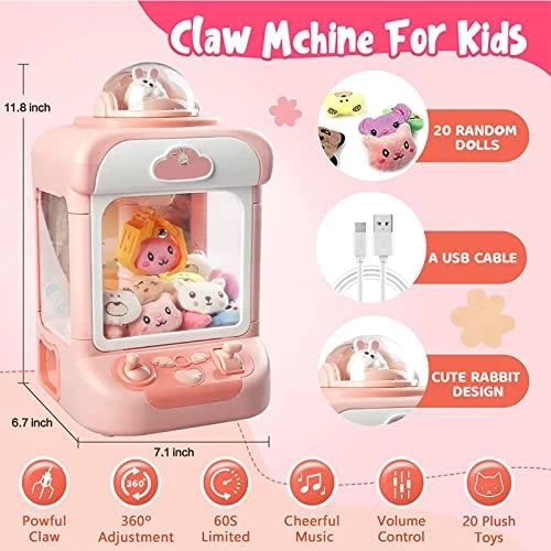 HOUKAI Candy Claw Machine For Kids, With 20 Mini Plush Toys And 10 Gashapons Claw Machine Toy Adjustable Sounds And Music Small Vending Machine, Electronic Arcade Claw Game,Pink 4 HOUKAI Candy Claw Machine For Kids, With 20 Mini Plush Toys And 10 Gashapons Claw Machine Toy Adjustable Sounds And Music Small Vending Machine, Electronic Arcade Claw Game,Pink - Image 2