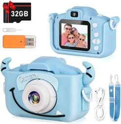 Zeacool Kids Camera,HD Digital Video Camera,Childrens Toys For 3 4 5 6 7 8 9 Year Old Boys/Girls,Selfie Camera For Kids,Christmas Birthday Gifts With 32GB SD Card(Blue) -Folkmanis Toys Shop 51NmSoHkCkL. AC