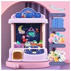 Mini Claw Machine For Kids Handheld Vending Machines With 20 Plush Toys Capsule Claw Game Prizes Gift Purple Electronic Toys For Girls Boys Volume Control, 60 Seconds Countdown, 2 Power Modes