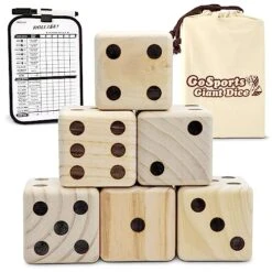 GoSports Giant Wooden Playing Dice Set With Rollzee And Farkle Scoreboard - Includes 6 Dice, Dry-Erase Scoreboard And Canvas Tote Bag - Choose 2.5 Inch Or 3.5 Inch Dice)