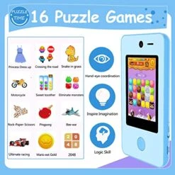 AOYMJRS Kids Phone Toys, Touch Screen Cell Phone For Kids With Camera Music Player Puzzle Games, Portable Kids MP3 Player Learning Toys For Boys Girls Ages 3 4 5 6 7 8 9 10(Blue)